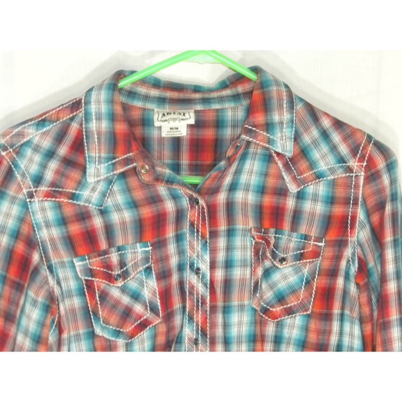 Ariat Shirt Womens M Red Blue Plaid Pearl Snap Western Embroidered Rodeo Cowgirl - Picture 3 of 13